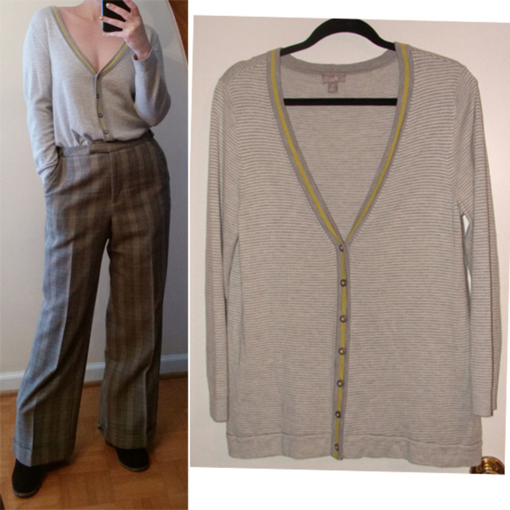 J.Jill  wool blend preppy classy mini stripes V neck cardigan soft button front.